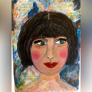 Original mixed media acrylic painting of dark haired woman 5x7